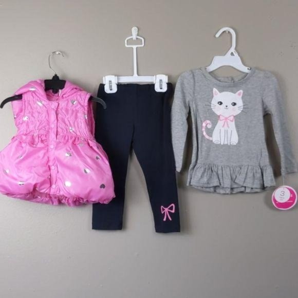 3pc outfit-pink puffer vest, gray shirt(NWT)24M